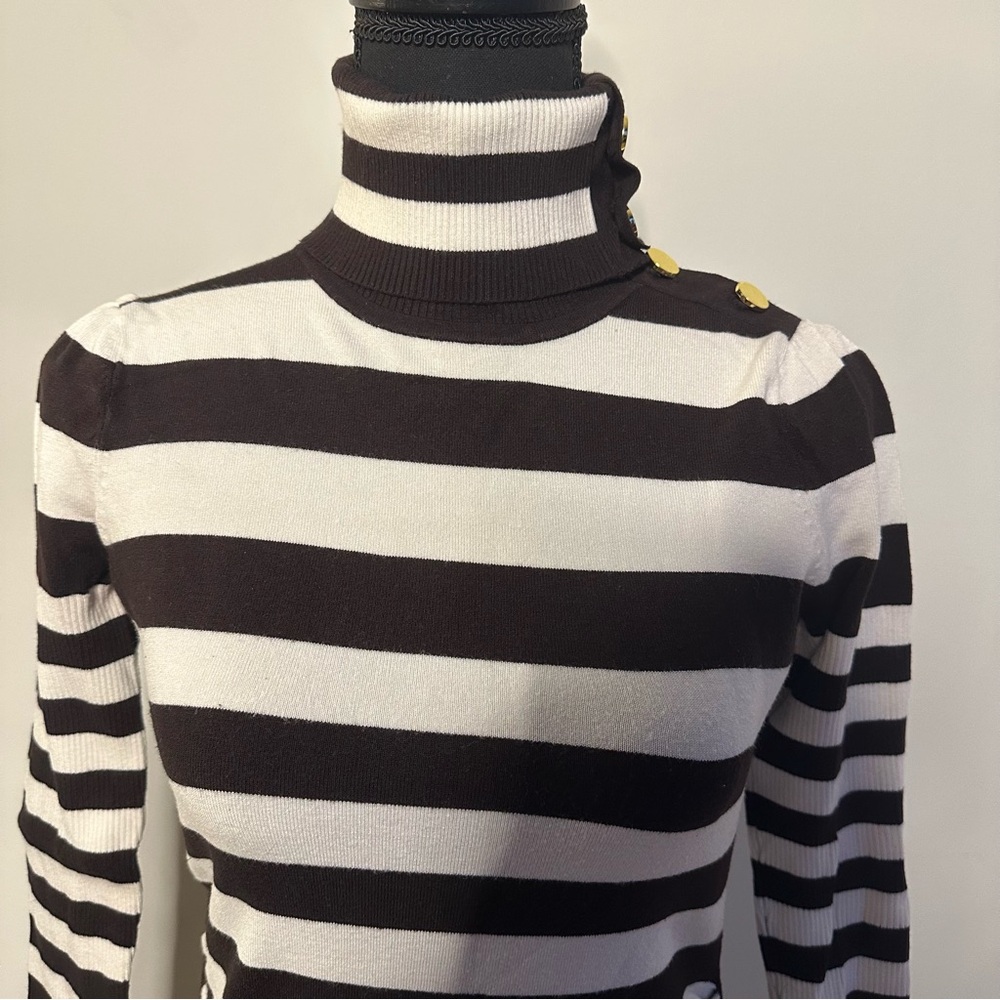 Cache Chocolate Brown & Ivory Striped Turtleneck Sweater Gold Buttons Size M - Picture 13 of 15